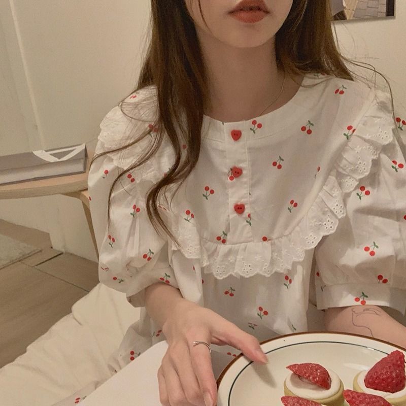 Đầm ngủ tay ngắn in họa tiết quả cherry/ snoopy đáng yêu phong cách thời trang mùa hè cho nữ