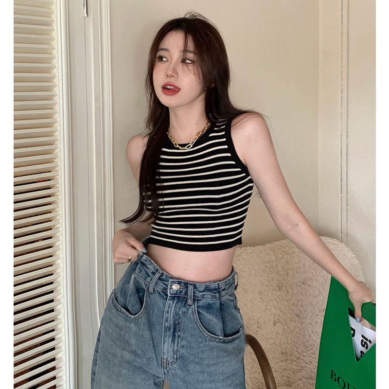 QKOOLE Áo tanktop  cổ tròn họa tiết kẻ sọc phong cách Hàn Quốc thời trang quyến rũ cho nữ