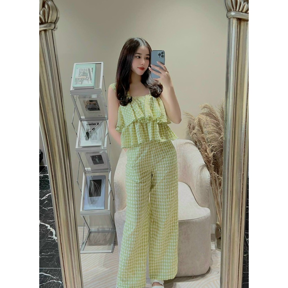 (FreeShip 2022) Bộ nữ ống rộng,bộ caro áo 2 dây thiết kế tầng mix quần ống rộng có túi,chất kate xốp,2 màu dễ mặc