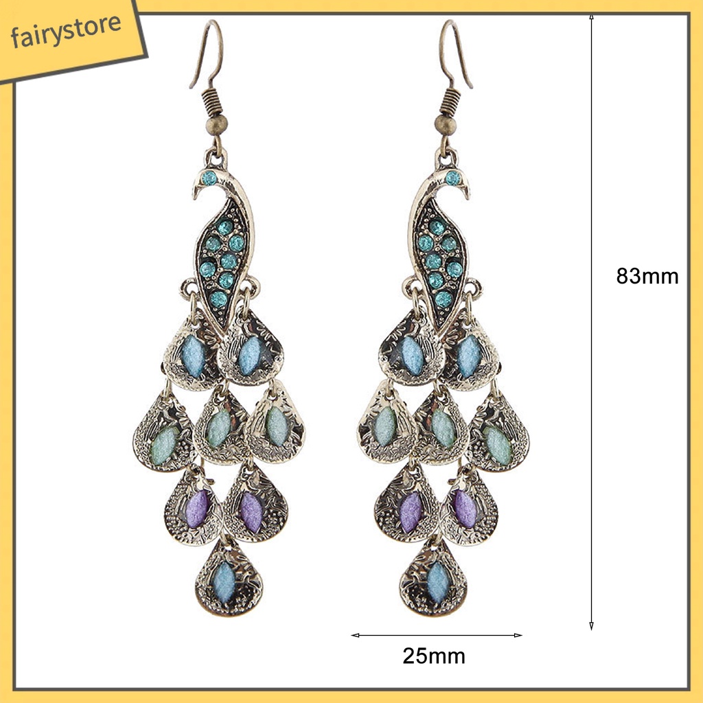 1 Đôi Bông Tai Hình Chim Công Đính Đá Phong Cách Vintage