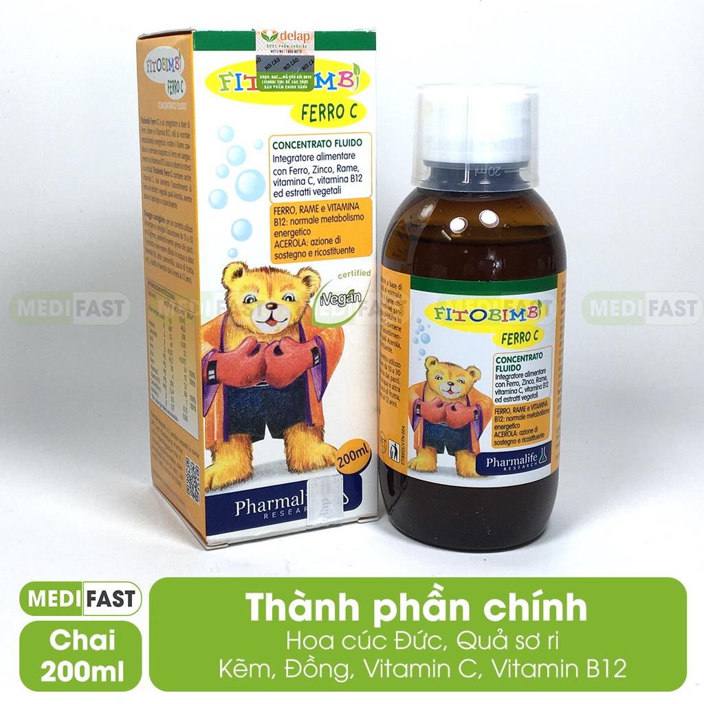 Fitobimbi Ferro C - Bổ sung sắt, Vitamin C, kẽm, tăng đề kháng, bổ máu cho bé - nhập khẩu chính hãng từ Ý - Chai 200ml