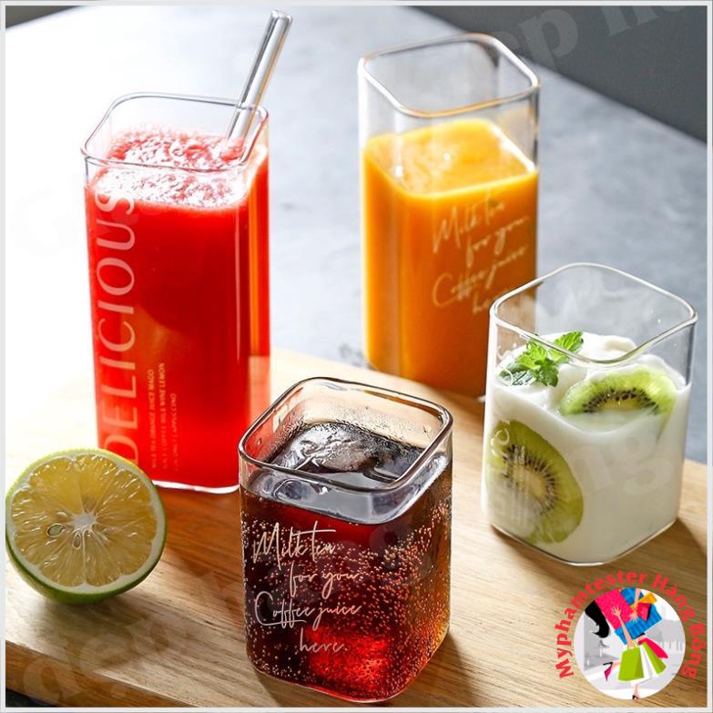 Cốc Vuông thủy tinh in chữ Delicious trắng, cốc sinh tố cafe