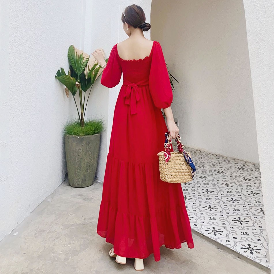 Đầm maxi trơn MIMIX váy tay dài xếp ly ngực sang trọng đi du lịch BE7190 | BigBuy360 - bigbuy360.vn