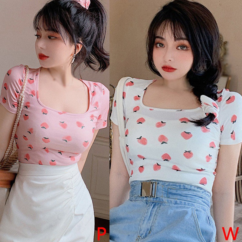 Áo Thun Tay Ngắn Cổ Vuông Phong Cách Quyến Rũ Trẻ Trung Thời Trang Hàn Quốc