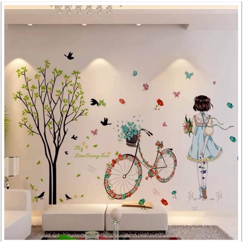 Decal dán Tường mẫu Cô Gái xe đạp + Cây đàn chym ( 1m3*2m2)