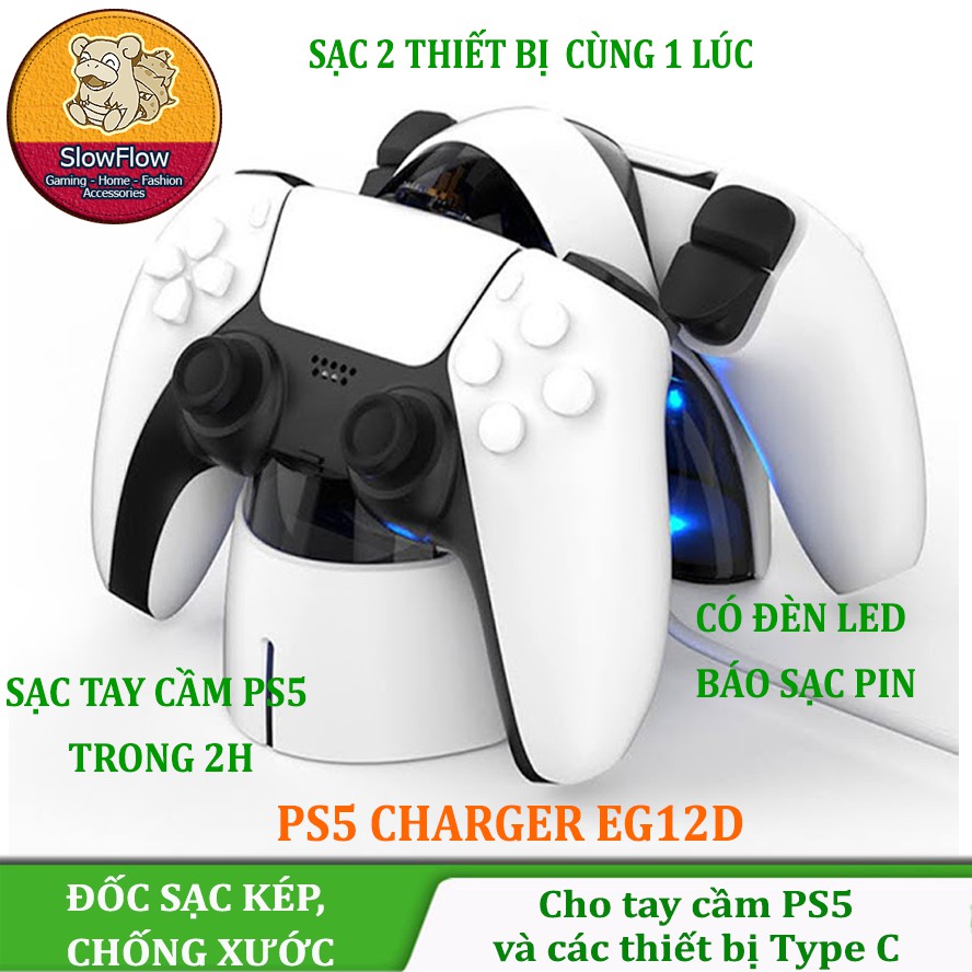Đế Sạc Tay Cầm PS5 Dualsense EG12D, Kết Nối Type C, Hỗ Trợ Sạc 2 Tay Cầm Cùng 1 Lúc, Tự Động Ngắt Khi Sạc Đầy