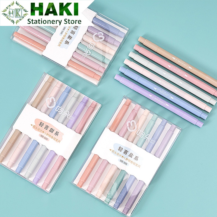 Bút highlight pastel 2 đầu morandi HAKI, bút đánh dấu nhớ dòng dạ quang cute nhiều màu marker dễ thương B49