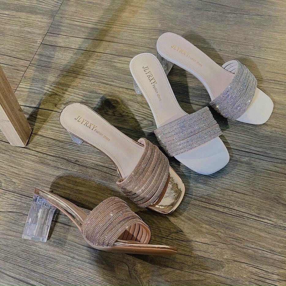 GUỐC DÂY XOÀN LẤP LÁNH SIÊU XINH 6CM ĐẾ TRONG SUỐT guốc cao gót sandal gót vuông cao cấp