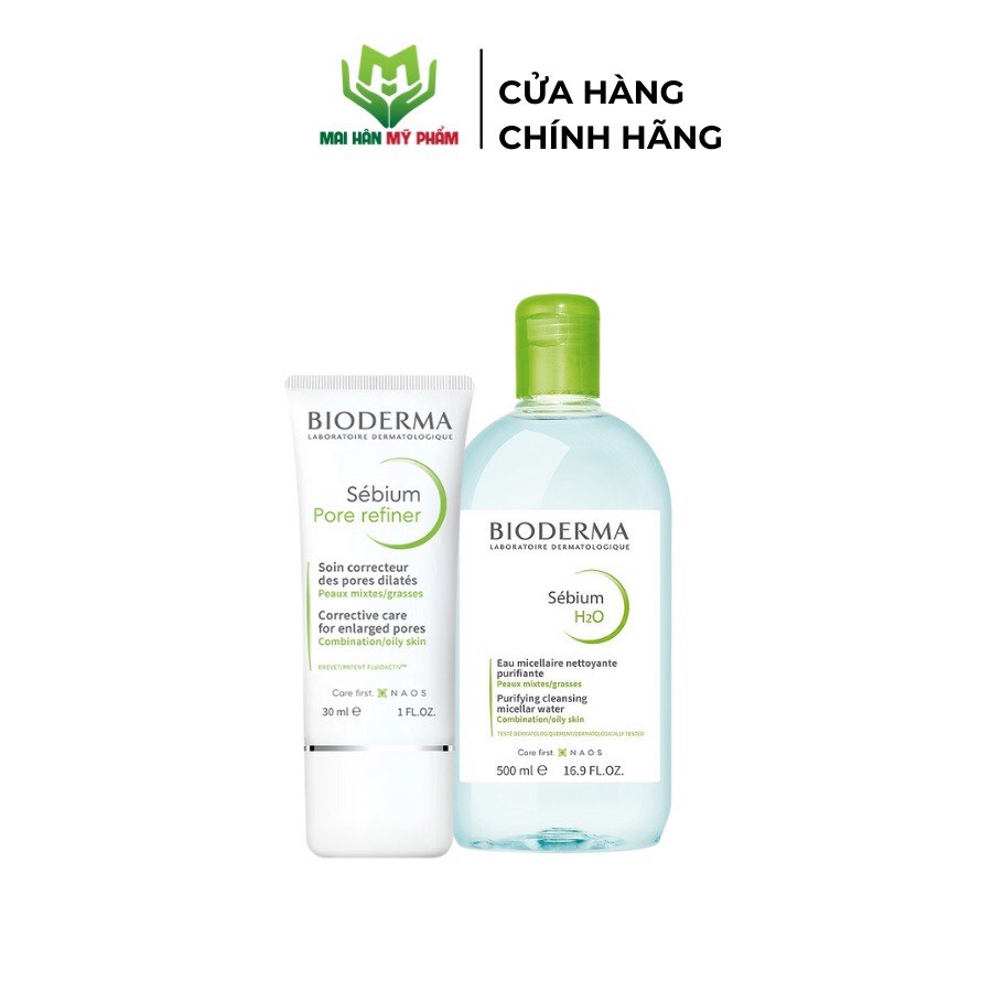 Bộ đôi làm sạch micellar cho da hỗn hợp và da dầu Bioderma Sebium H2O 500ml và kem dưỡng se lỗ chân lông 30ml