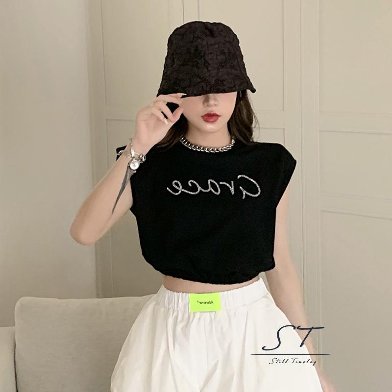 ◕‿◕Áo Croptop Sát Nách Cổ Tròn Hoạ Tiết Chữ Thiết Kế Dáng Rộng Thoải Mái