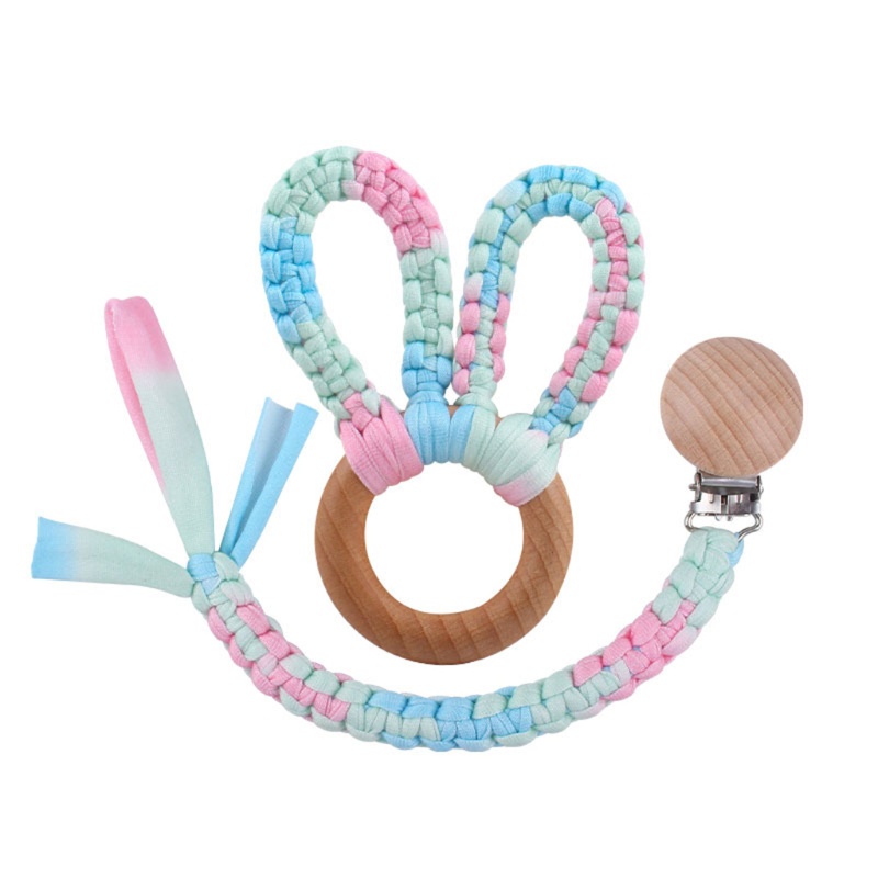 Set 2 Món Đồ Chơi Gồm Vòng Đeo Tay / Núm Vú Giả / Kẹp Tai Thỏ Đan Len Thủ Công DIY Cho Bé Sơ Sinh
