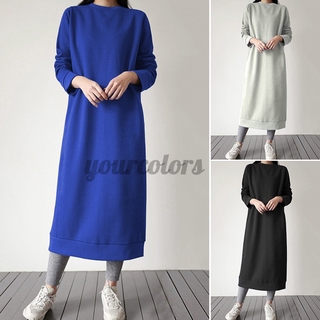 Yourcolors Women Round Neck Solid Color Long Sleeve Back Slit Maxi Dress