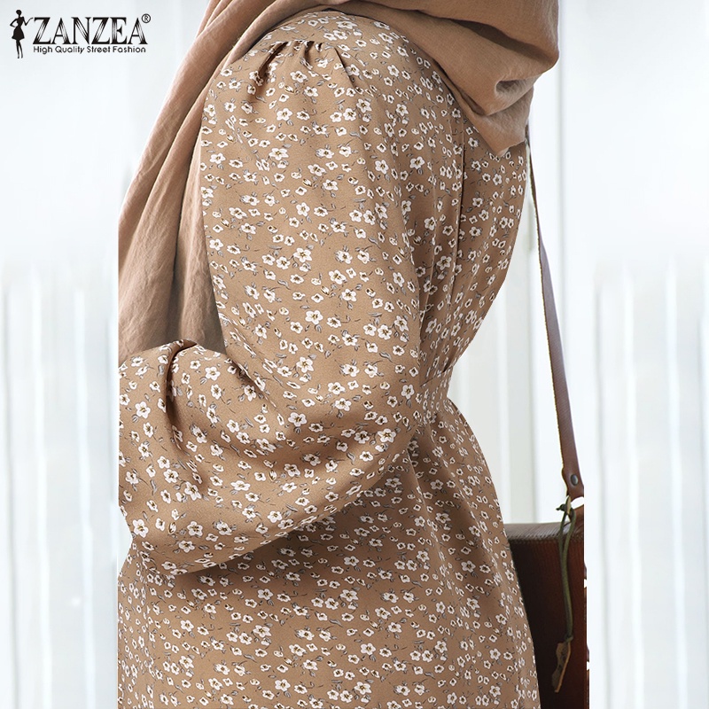 Đầm dài Zanzea tay phồng cổ tròn in họa tiết hoa phong cách cổ điển dành cho nữ