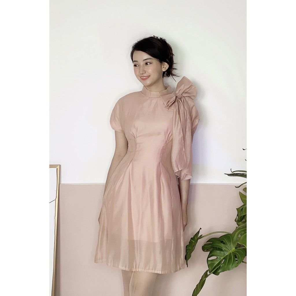 Đầm Nơ Ngắn xòe A cổ cao Bánh bèo, trắng, hồng, xòe nhẹ, tiểu thư, dễ thương, tay ngắn, đi chơi, đi tiệc, đi du lịch | BigBuy360 - bigbuy360.vn