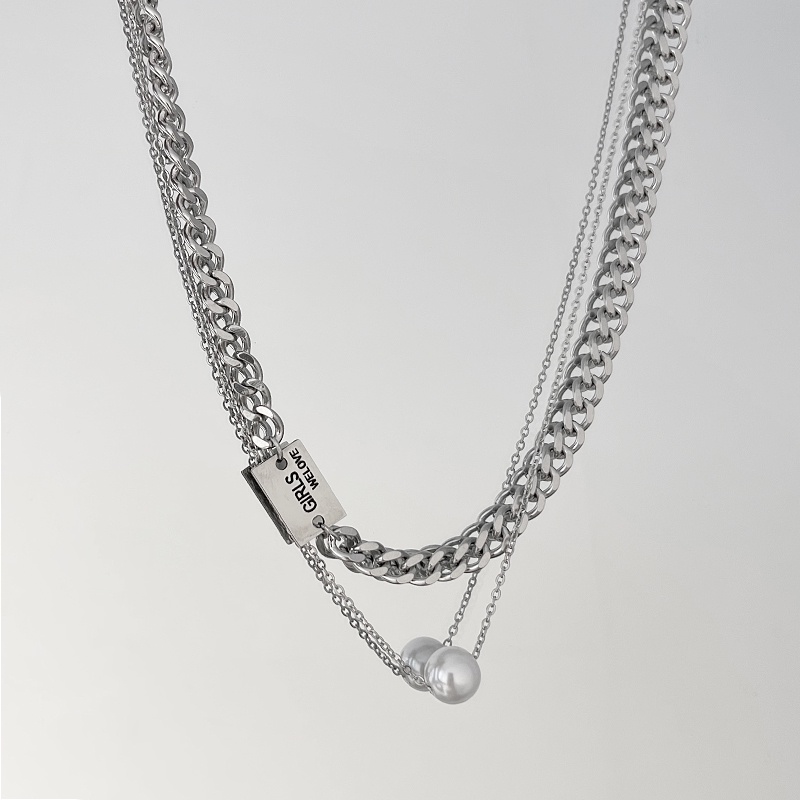 Vòng cổ Hai Lớp Ngọc Trai Mặt Vuông Phong Cách Harajuku Hiphop