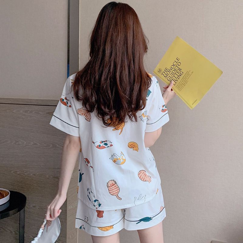 Bộ Đồ Ngủ Cotton Tay Ngắn In Hình Mèo Dễ Thương Thời Trang Mùa Hè Cho Nữ