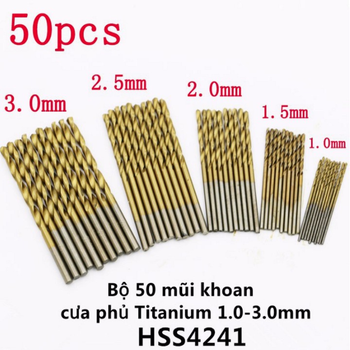 Bộ 50 Mũi Khoan Thép Gió Phủ Titanium