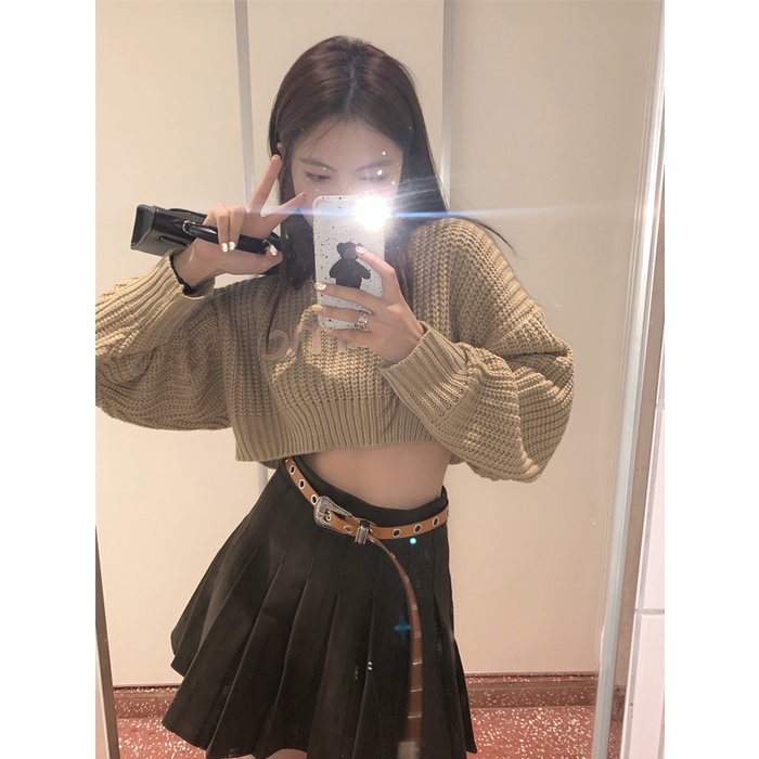 Áo Len Croptop Sweater Dệt Kim Tay Dài Dáng Rộng Thời Trang Mùa Thu Đông