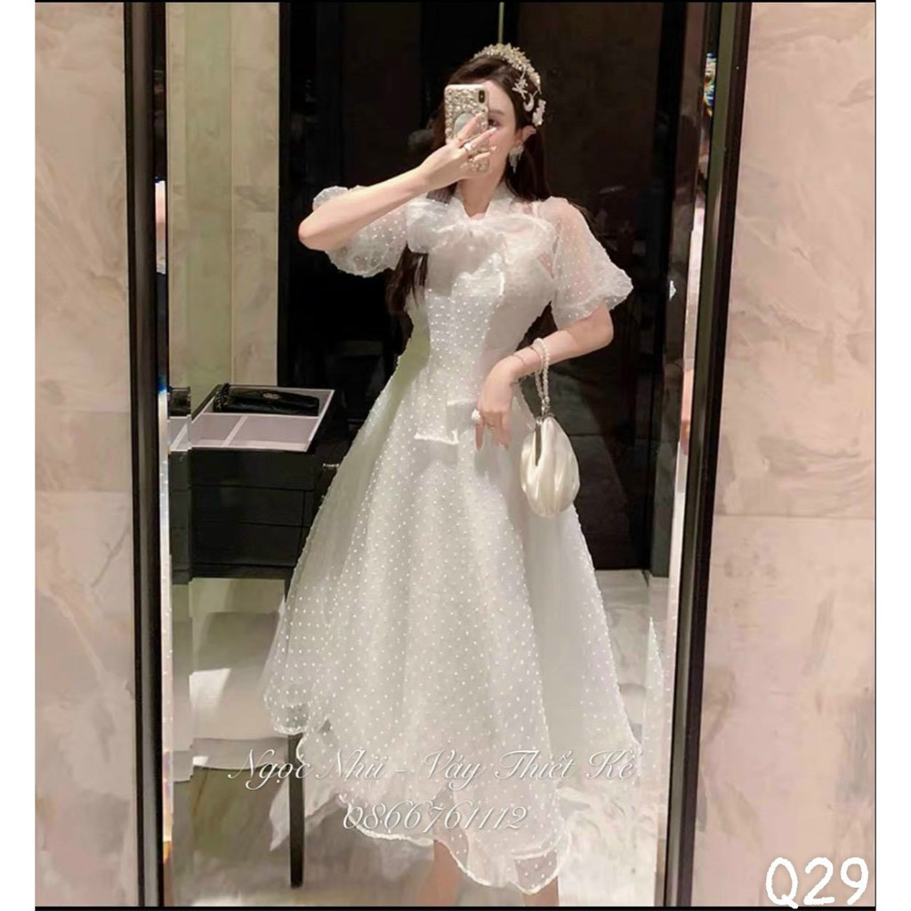 (Bỏ sỉ) Đầm xòe trắng công chúa nơ cổ lưới bi chuẩn shop đẹp mê. hit hot mã TF2203249