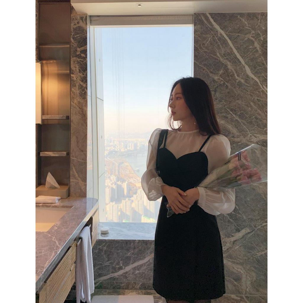 Áo Sơ Mi Dài Tay Phối Đầm Hai Dây Rách Tà Thời Trang Cho Nữ 61245