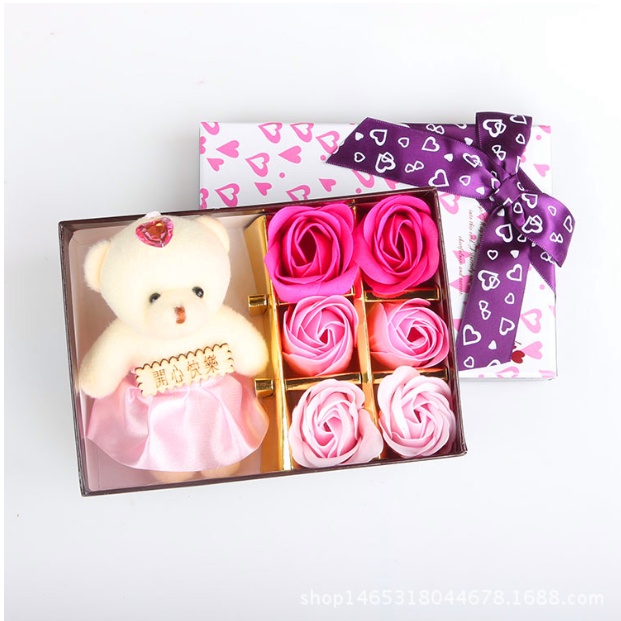 Hộp Quà Gấu Kèm 6 Hoa Hồng Sáp Các Màu, Thiệp - Quà Tặng Người Yêu, Người Thân,  Valentine, Mùng 8/3, Dịp Đặc Biệt