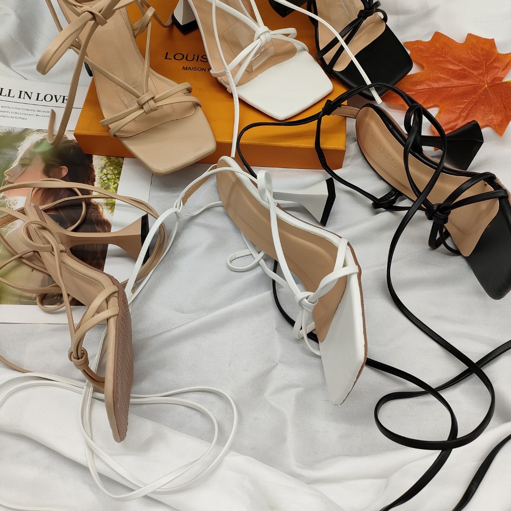 Guốc Đan Dây Quấn Quanh Cổ Chân Giày Sandal Cao Gót Chiến Binh Cột Dây Gót To Cao 9cm