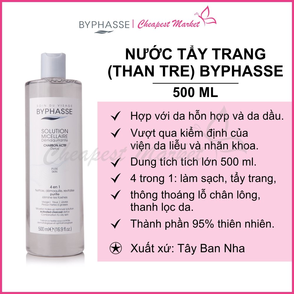 [CÓ TEM NHÃN] Nước Tẩy Trang Than Hoạt Tính Byphasse Charbon Micellar Make-up Remover Solution 500ml