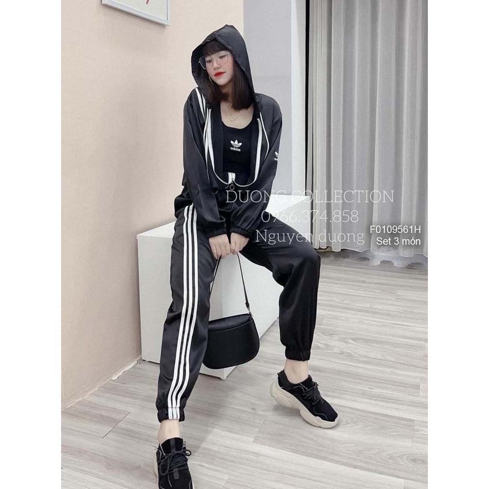 Set bộ thể thao 3 món phối viền sọc áo khoác có nón kéo khóa tay dài áo sát nách kèm quần!