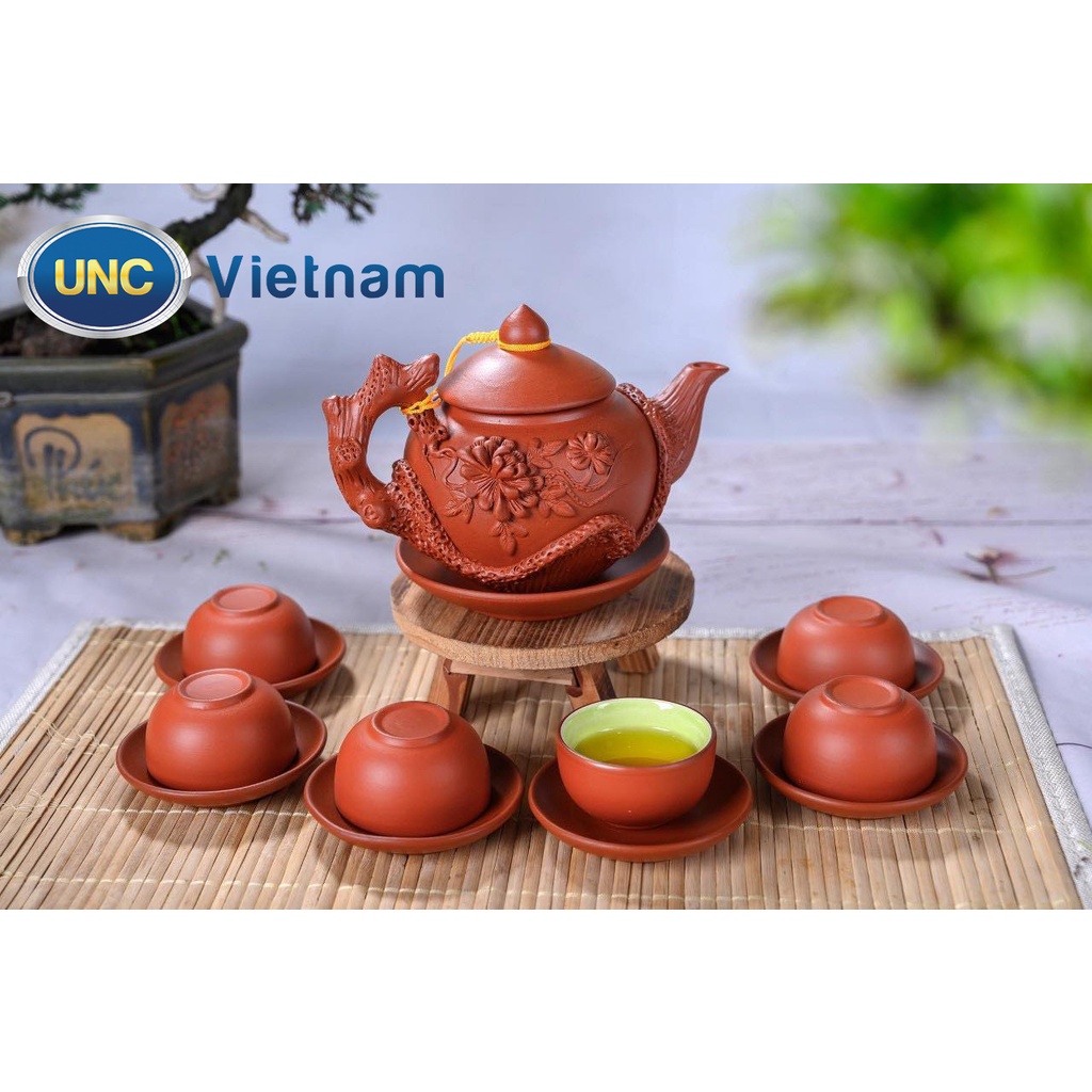 Bộ Bình Trà Tử Sa UNC VIỆT NAM - Hoạ tiết đắp nổi, dung tích 450ml, nhiều màu sắc hoa văn, có tráng men trong lòng