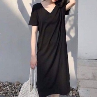 Váy ngủ nữ, đầm ngủ dáng suông chất thun trơn xẻ tay ngắn cổ tim dài 95cm
