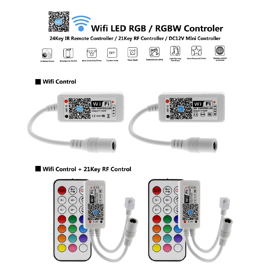 Bộ điều khiển đèn LED Wifi RGB Mini DC12V với Điều khiển từ xa RF 21Key / IR 24Key cho đèn dải LED RGB