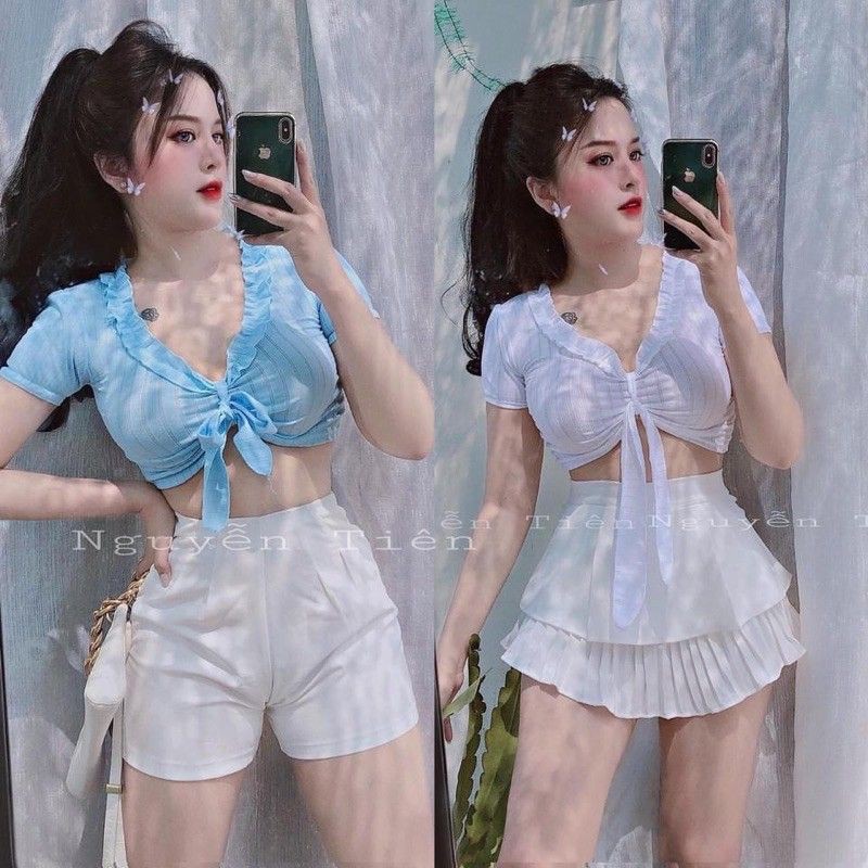 áo croptop nữ thun gân lên kiểu cột nơ viền bèo