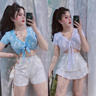 áo croptop nữ thun gân lên kiểu cột nơ viền bèo