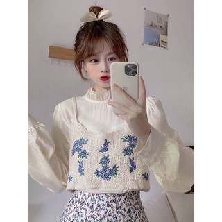 Áo 2 dây Len Thêu Hoa Dáng Ngắn