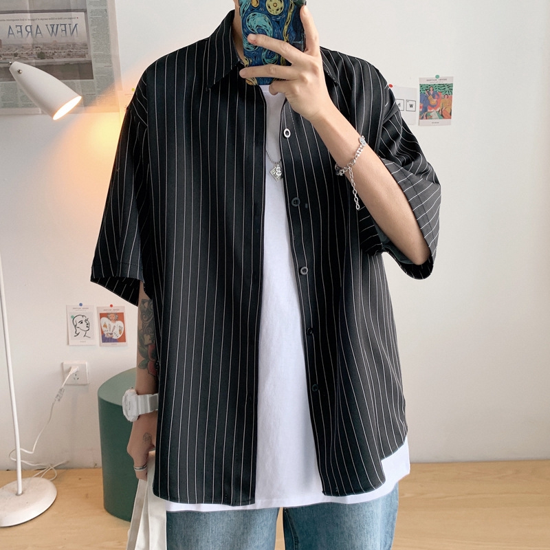 Áo sơ mi tay ngắn họa tiết kẻ sọc phong cách Hàn Quốc thời trang cho nam