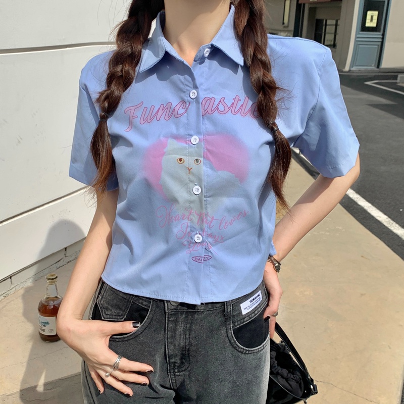 【ZHELIHANGFEI】Áo Sơ Mi Tay Ngắn Cổ POLO Lưng Cao Họa Tiết In Theo Phong Cách Preppy Dễ Phối Đồ