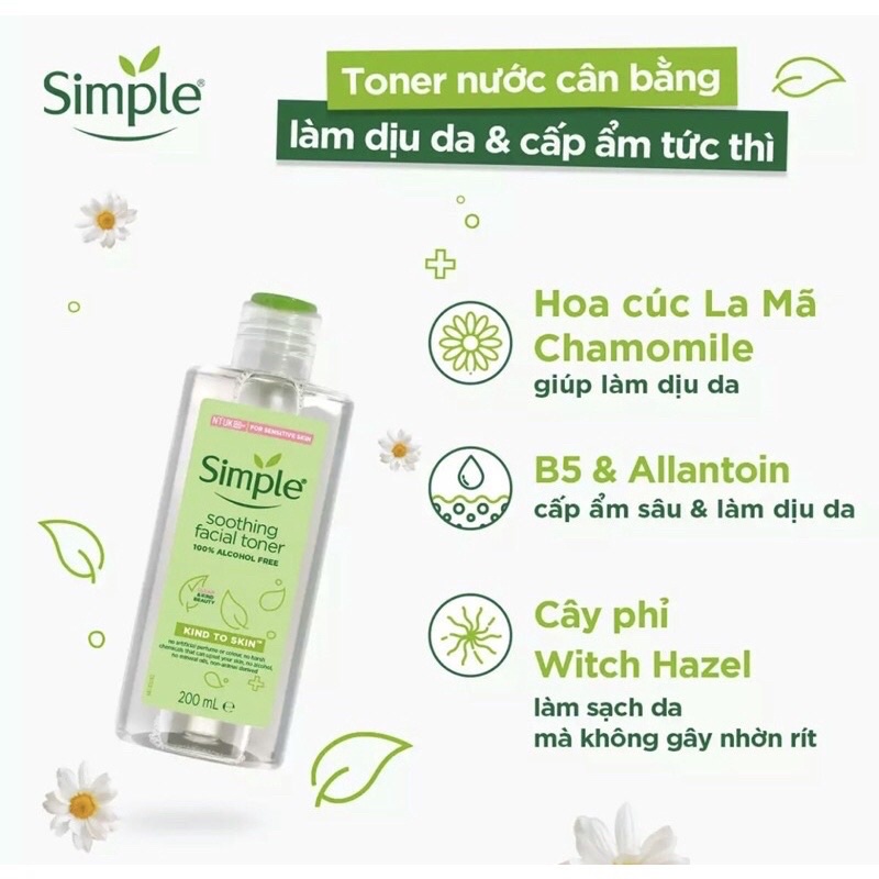 Nước Hoa Hồng Soothing Facial Toner Simple cân bằng da, cấp ẩm cho da 200ml