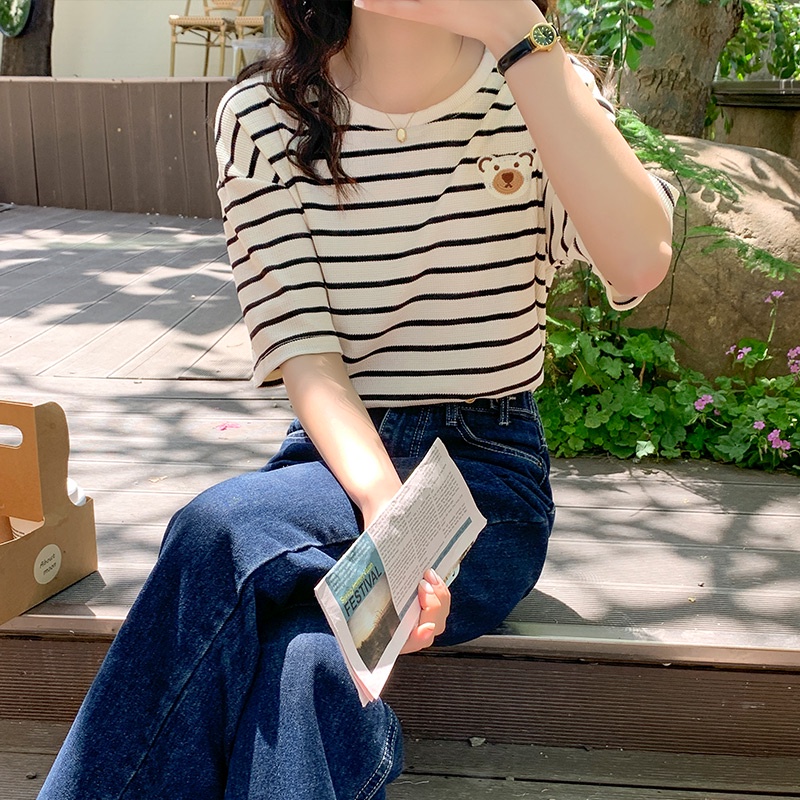 Áo thun Peppermint tay ngắn dáng rộng kẻ sọc ngang in hình gấu hoạt hình dễ thương thời trang mùa hè cho nữ 52720