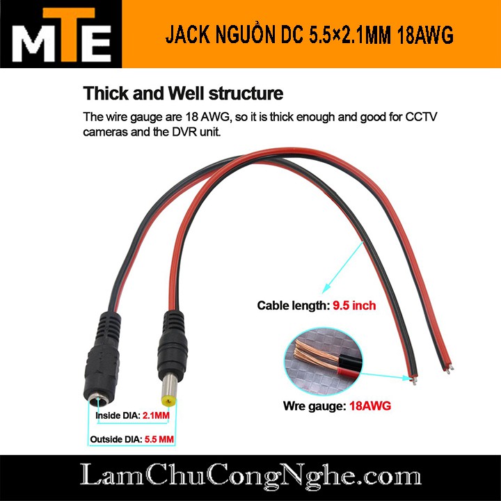 Dây nguồn DC 5.5×2.1mm 18AWG dài 25cm