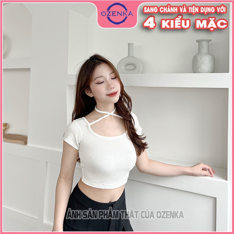 Áo croptop nữ cổ vuông tay ngắn kiểu sexy buộc dây ôm OZENKA , ao crt thun 100% cotton nhiều màu mặc trễ vai dưới 55 cân