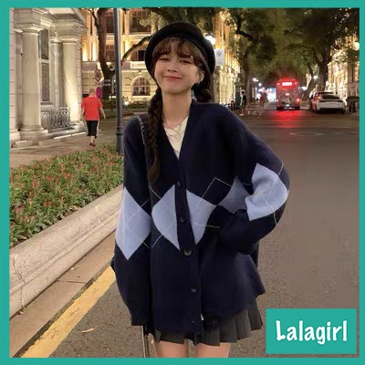 Áo khoác Cardigan len thổ cẩm xanh than phối kim cương dáng rộng