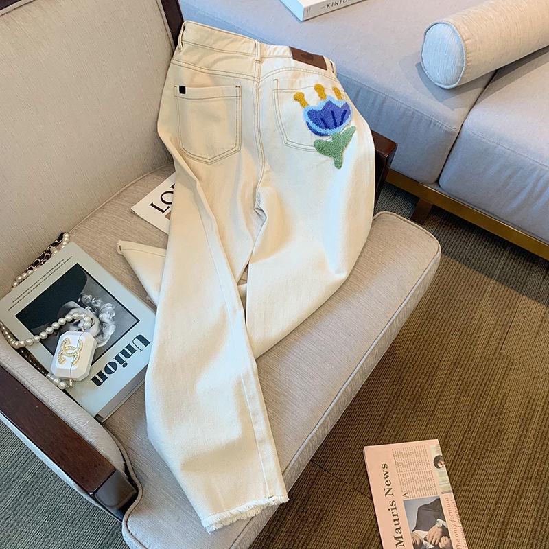 Quần Jean Trắng Lưng Cao Ống Rộng Size Nhỏ Phong Cách Mới 2022 Cho Nữ