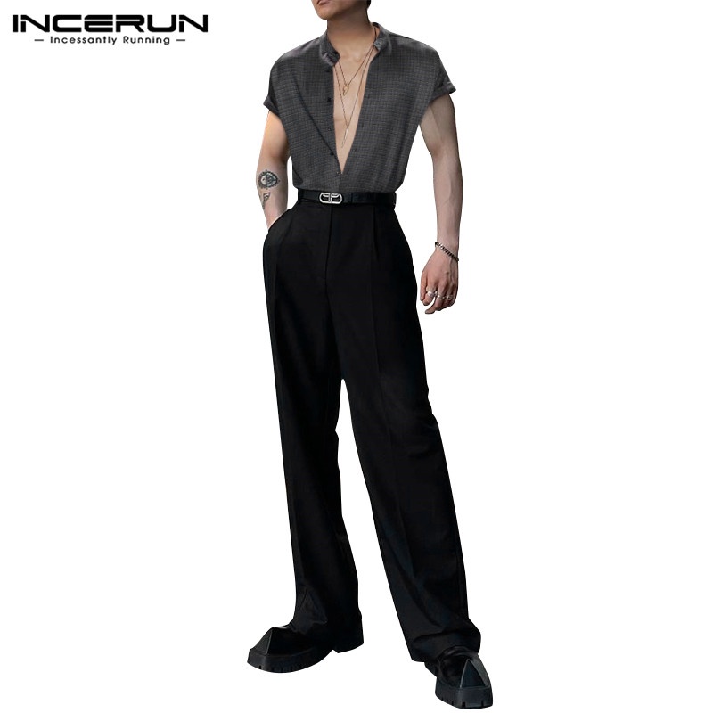 Incerun Áo Sơ Mi Cotton Ngắn Tay Cổ Đứng Cài Nút Kẻ Sọc Caro Cho Nam