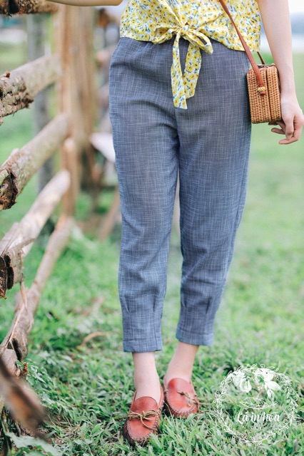 Quần baggy đũi bo gấu cạp chun Lá in hoa