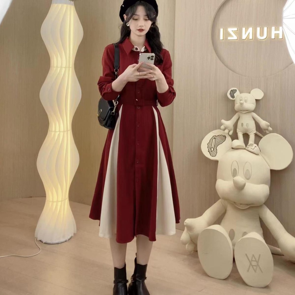 Minority design spelling waist shirt dress 2022 autumn and winter knee-length skirt light extravagant waist skirt
