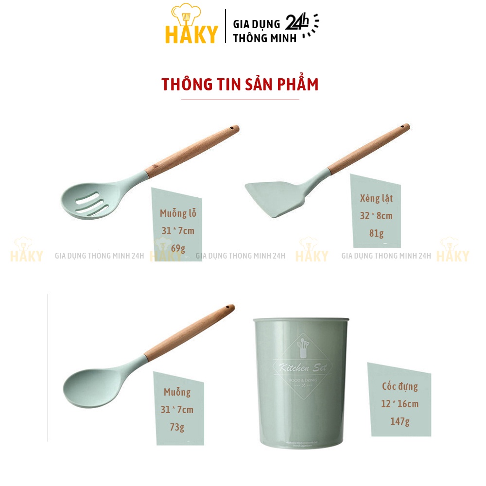 Bộ dụng cụ nấu ăn, làm bánh 11 món silicon y tế an toàn HAKY001, chịu nhiệt tốt, độ bền cao, chuôi gỗ chắc chắn