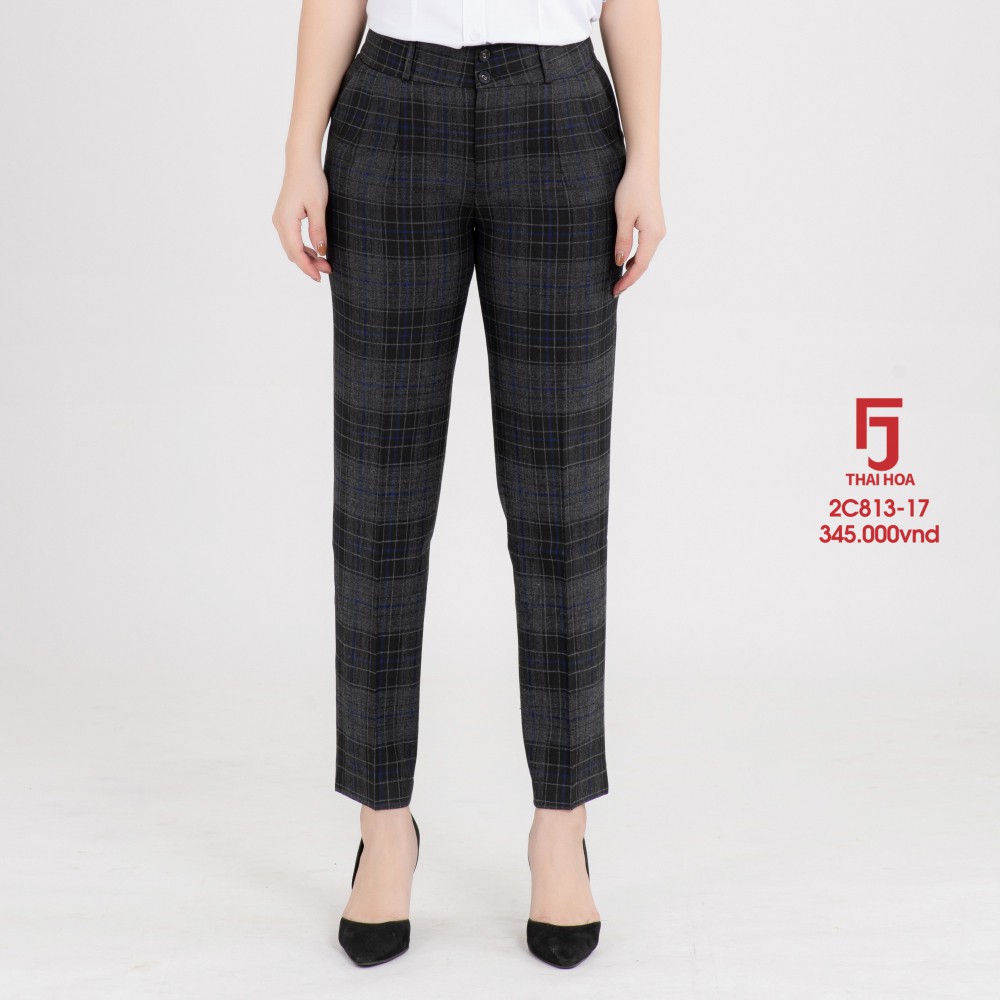Quần tây nữ Thái Hoà 2C813-17-01, quần âu nữ công sở 9 tấc, màu đen caro xanh chìm, chất liệu mềm ,trơn
