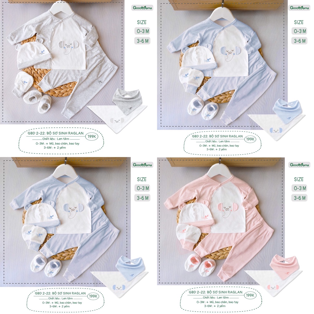 [CHÍNH HÃNG] Set bộ sơ sinh dài tay cài chéo len tăm kèm phụ kiện thu đông Good Mama