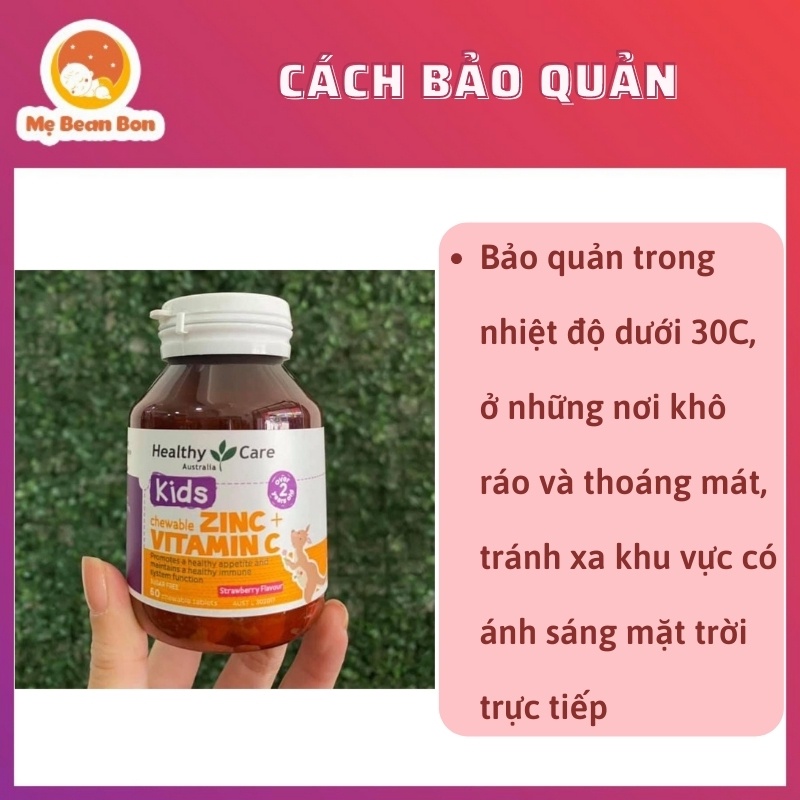 Viên nhai bố sung kẽm Healthy Care Zinc + Vitamin C (60v), Úc