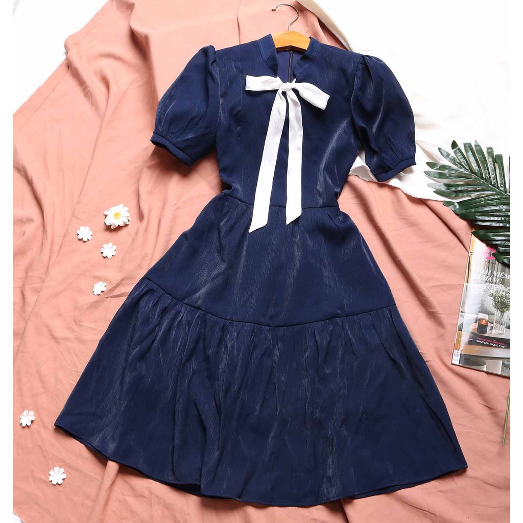 Đầm xanh đen công sở chất liệu organza cao cấp mềm mát